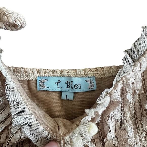 T. Bleu tiered Lace Pom detail rose gold shimmer babydoll blouse size large - Picture 3 of 6